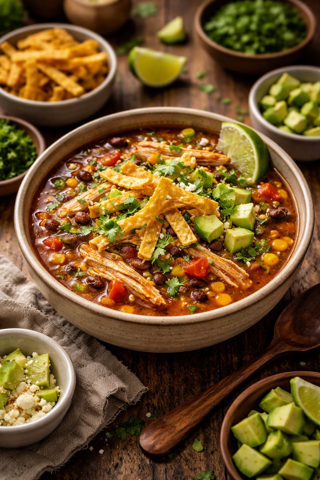 Steaming bowl of chicken tortilla soup with tortilla strips on top