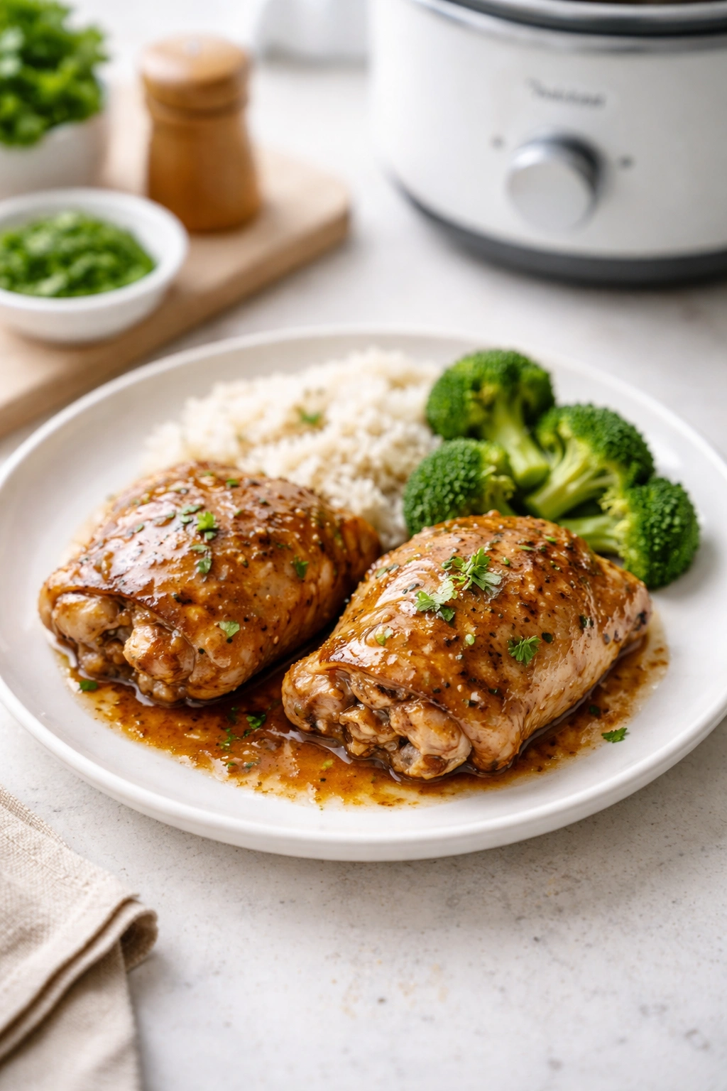 Two chicken thighs plated on a small white plate with a neutral background