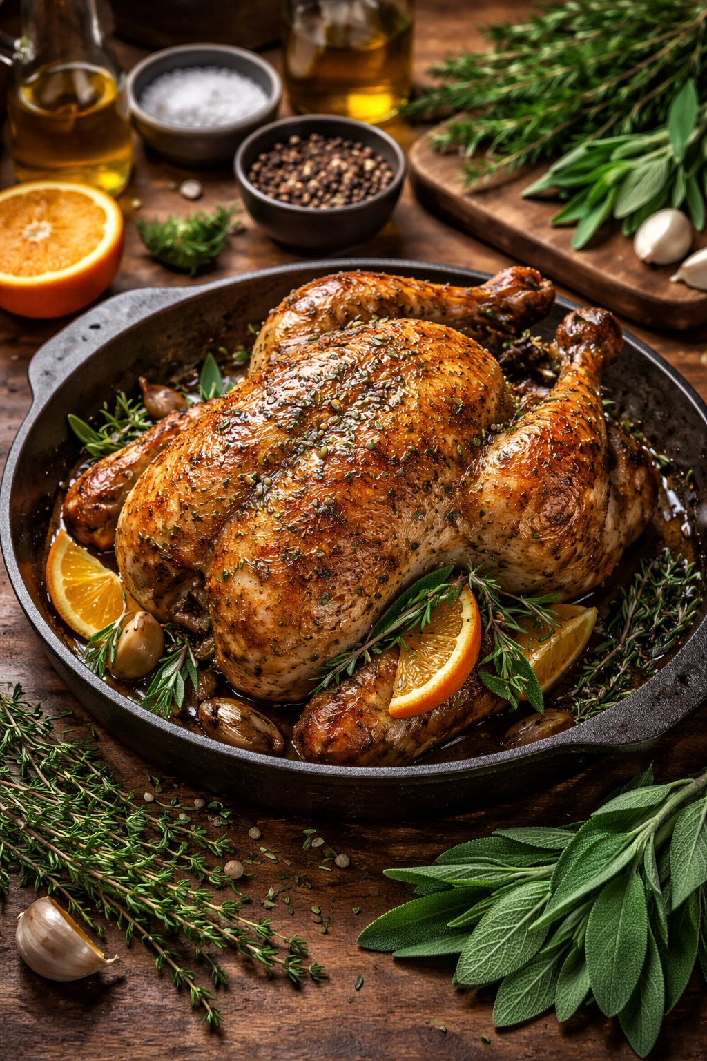 Roasted chicken with citrus and sage variation showcased in a kitchen