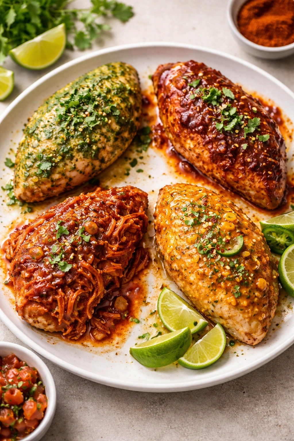 Chicken with four glaze tones representing flavor variations