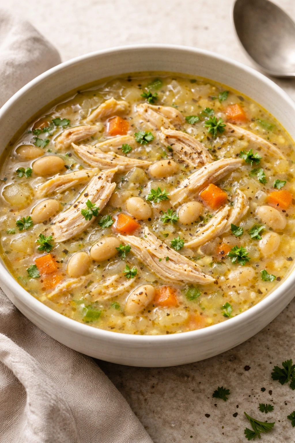 Chicken and white bean soup with shredded chicken and beans