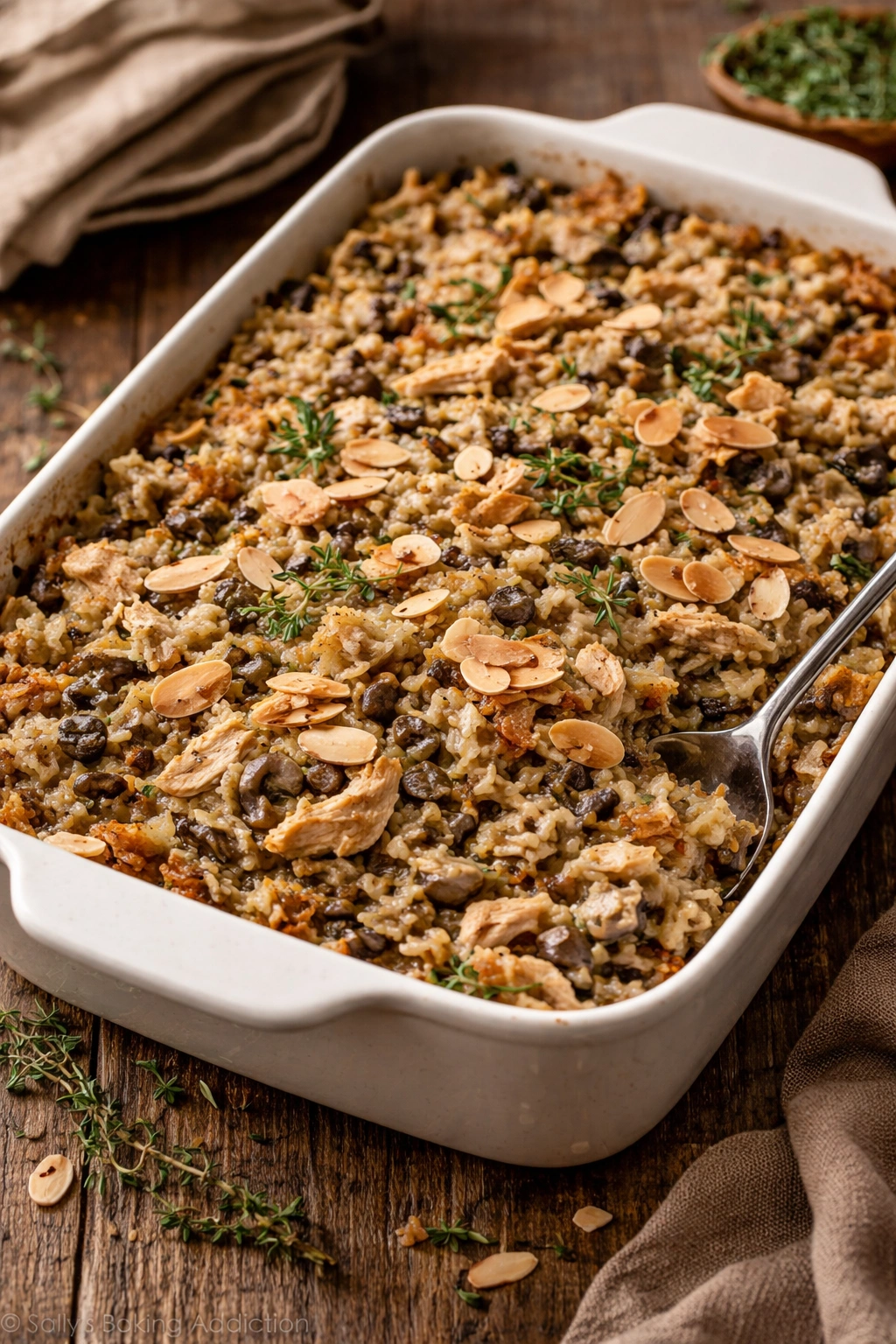 Creamy chicken and wild rice casserole with mushrooms and almonds in a baking dish