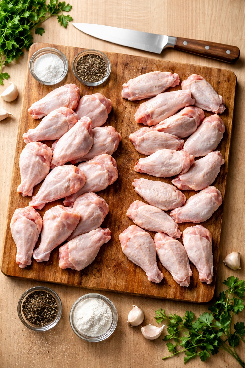Chicken wings separated into drumettes and flats on a wooden board.