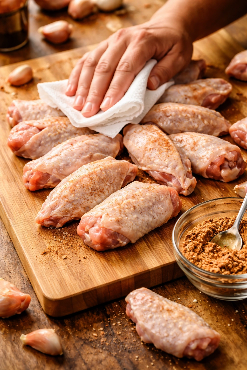 Close-up of chicken wings being pat-dried and seasoned on a cutting board with a small bowl of dry rub.