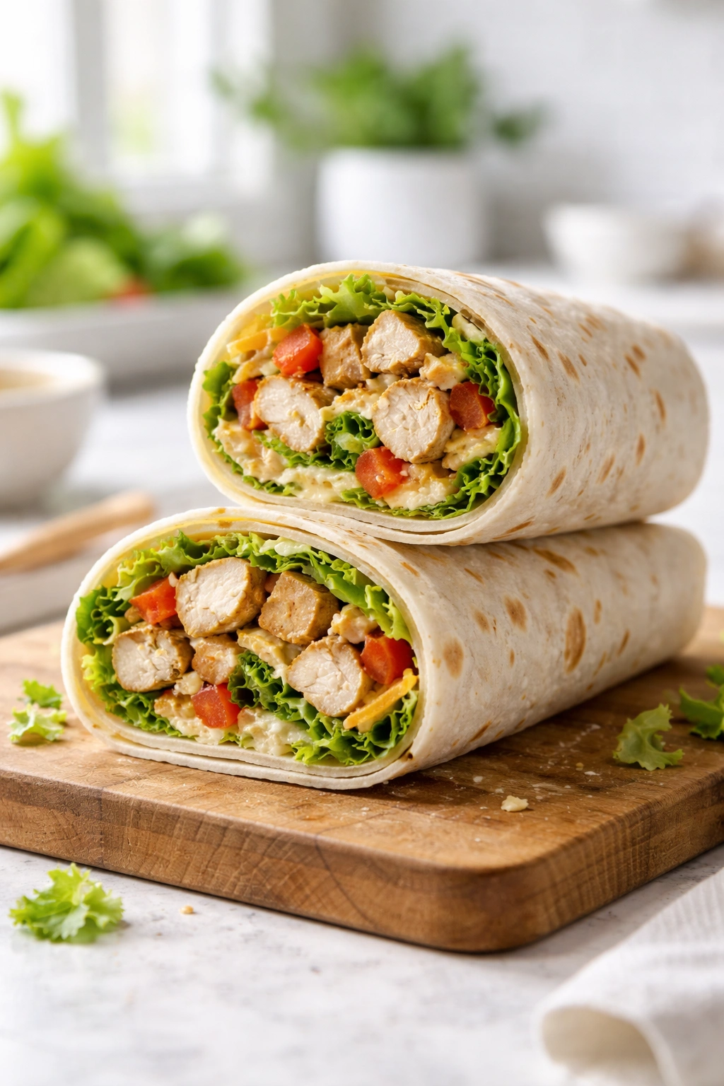 Cross-section of chicken wrap showing chicken, greens, and sauce on a plate