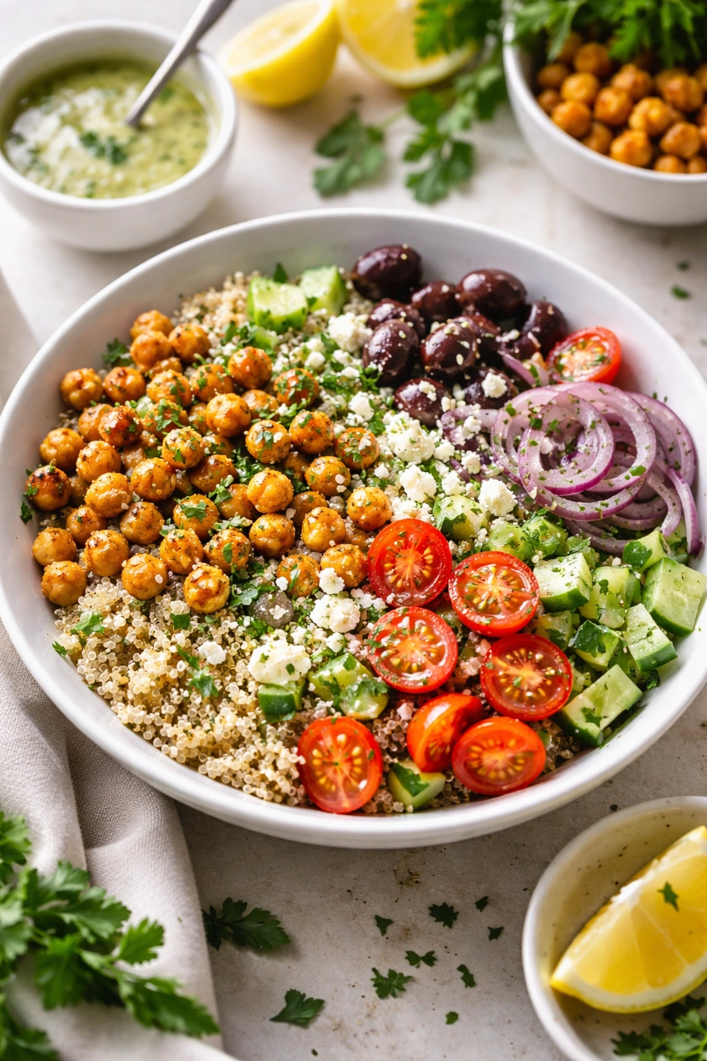 Mediterranean chickpea bowls with crispy chickpeas, quinoa and vegetables