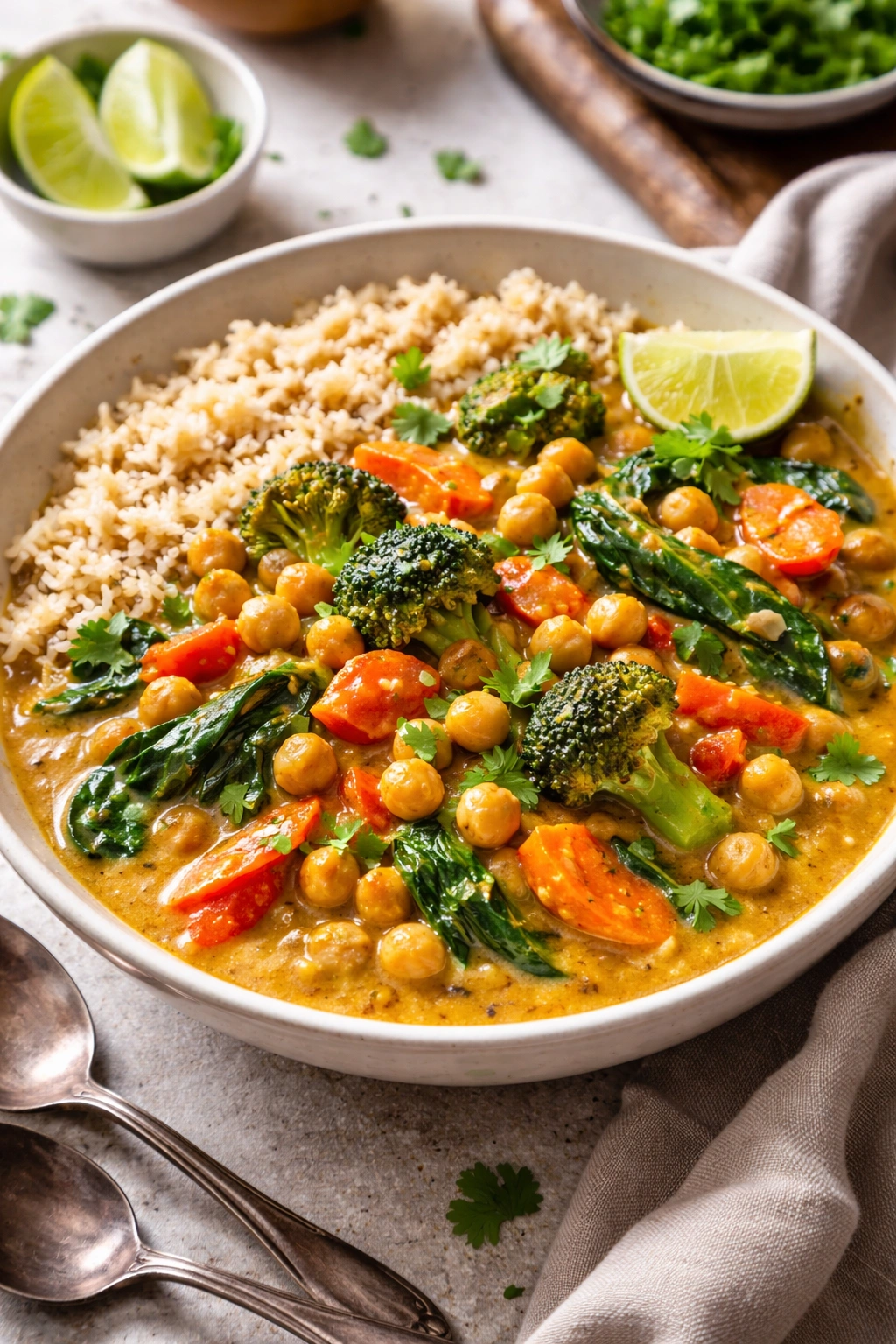 Chickpea curry with vegetables over brown rice in a bowl