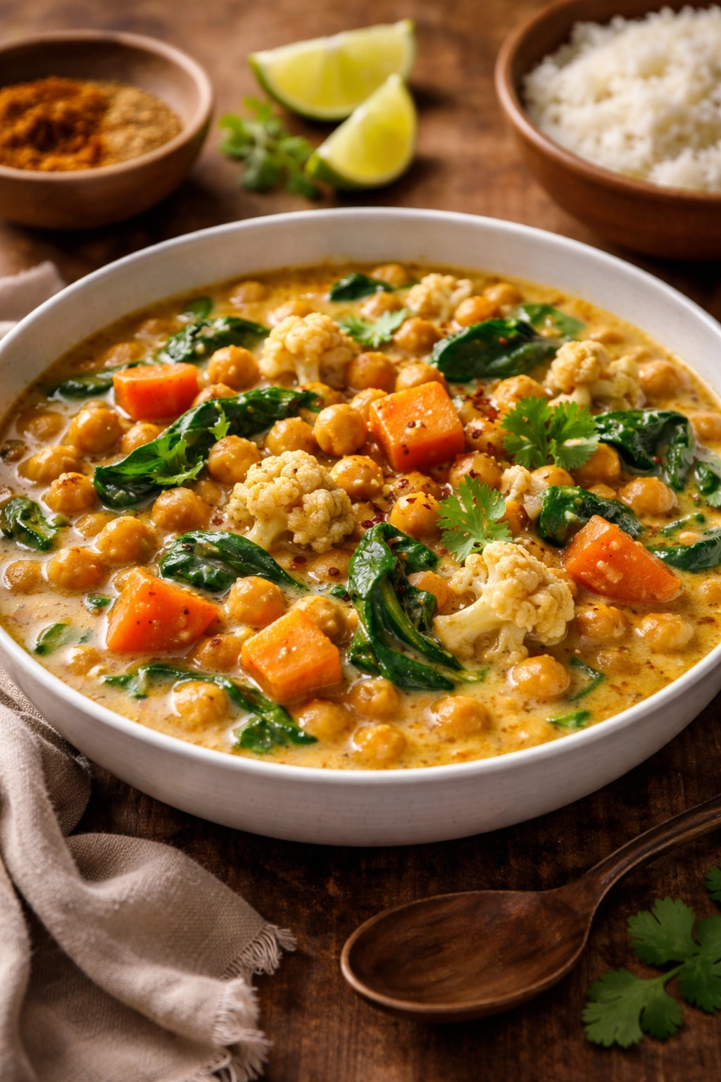 Close-up of creamy chickpea curry with vegetables in coconut milk served in a bowl