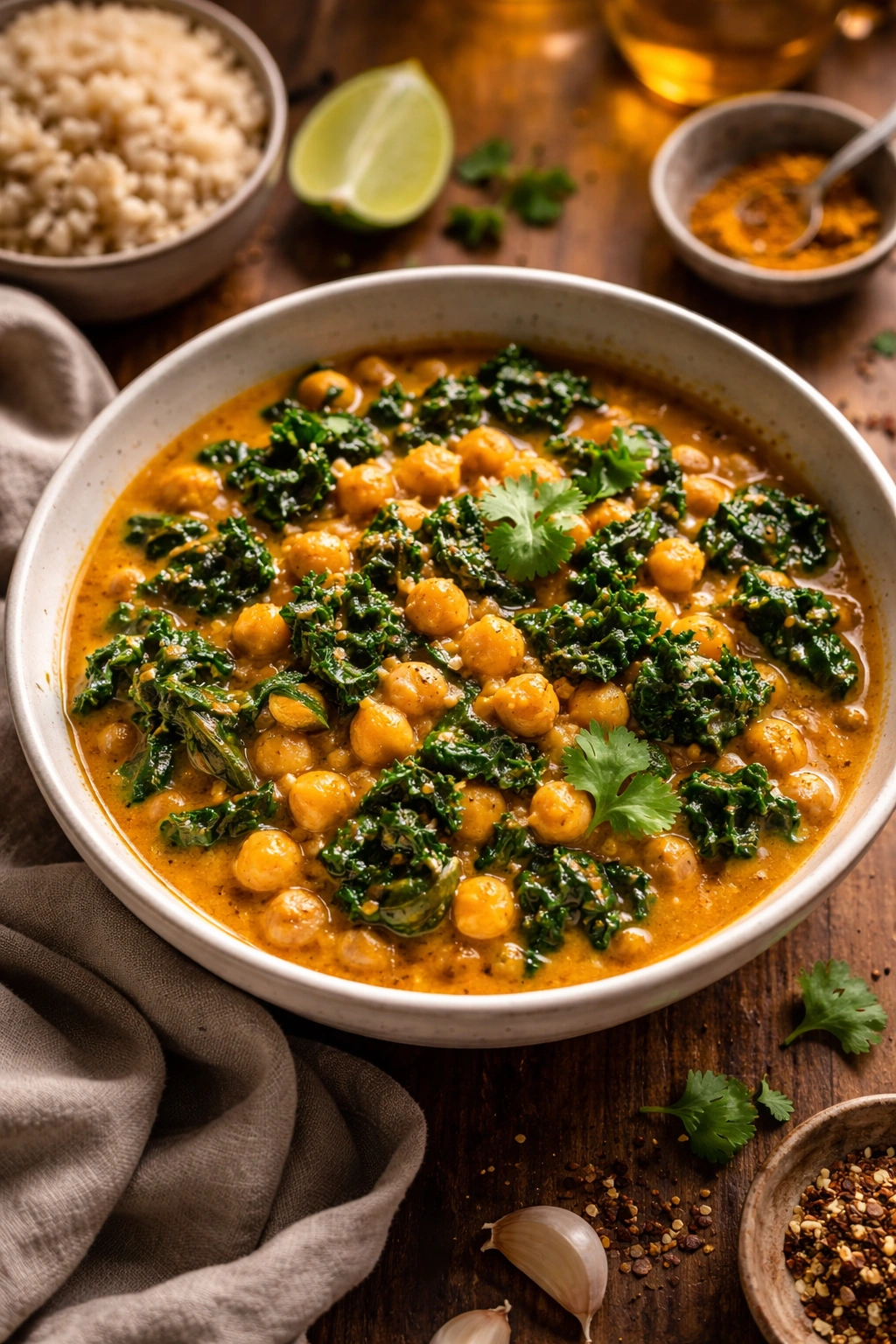 Bowl of chickpea and kale curry with coconut-based sauce