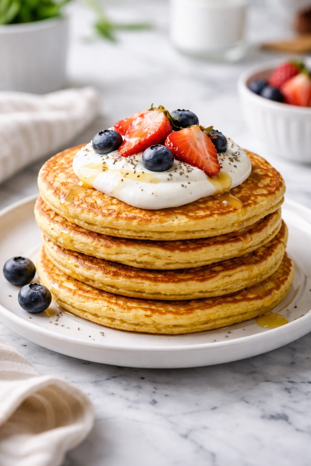 Stack of chickpea flour pancakes with Greek yogurt