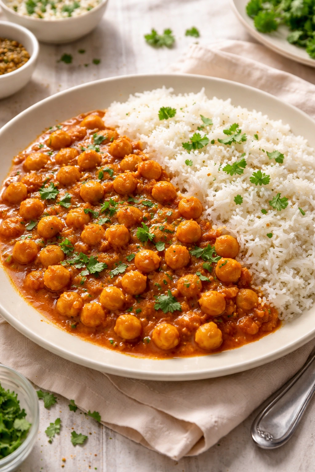 Chickpea masala over white rice on a plate