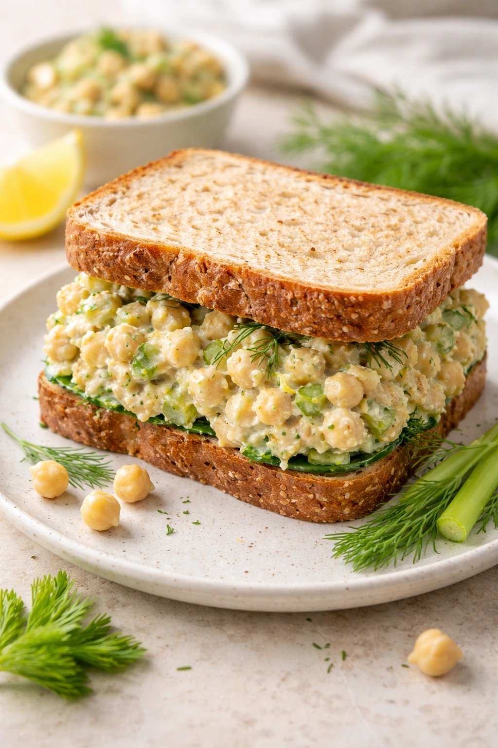 Chickpea salad sandwich on bread with herbs