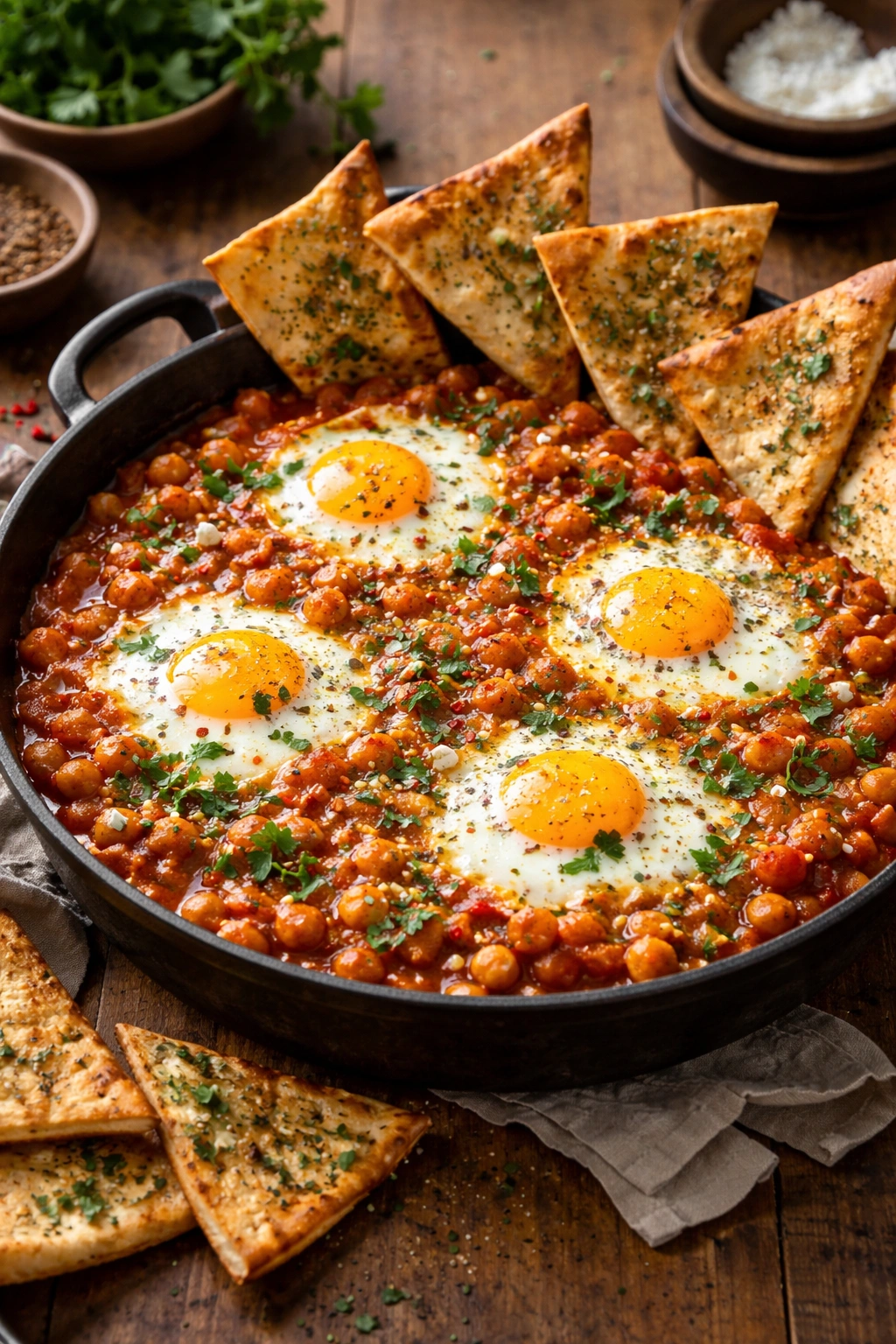 Skillet of chickpea shakshuka with crispy pita chips in warm lighting