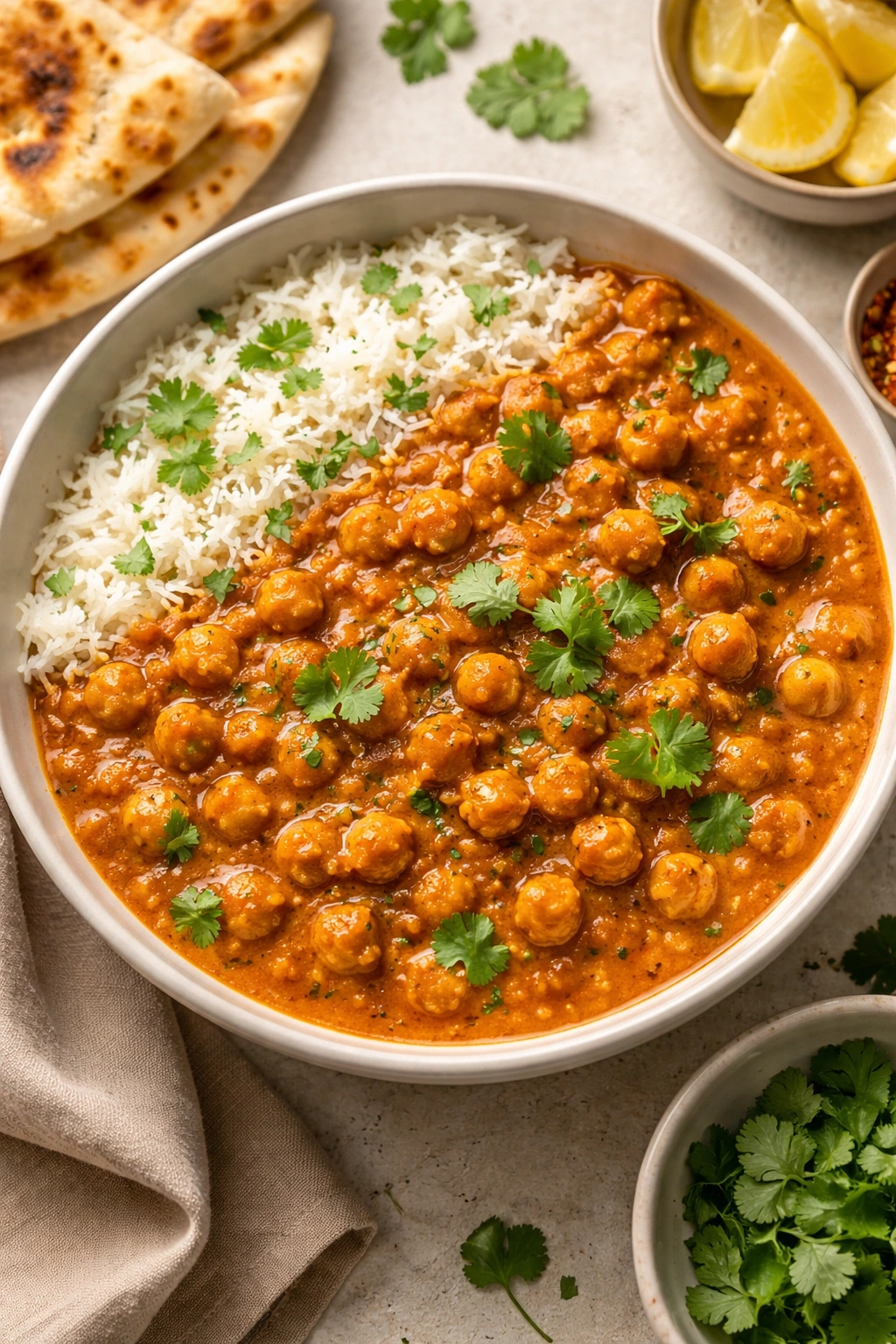 Bowl of chickpea tikka masala curry with creamy tomato sauce