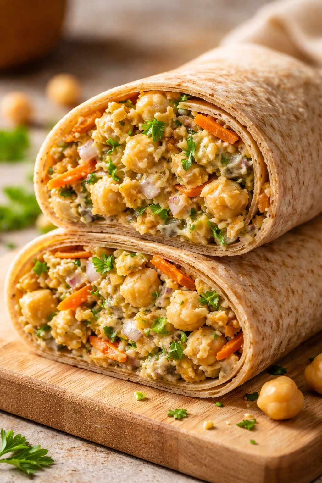 Close-up of chickpea salad wrap cut open showing chickpeas, roasted garlic and herbs