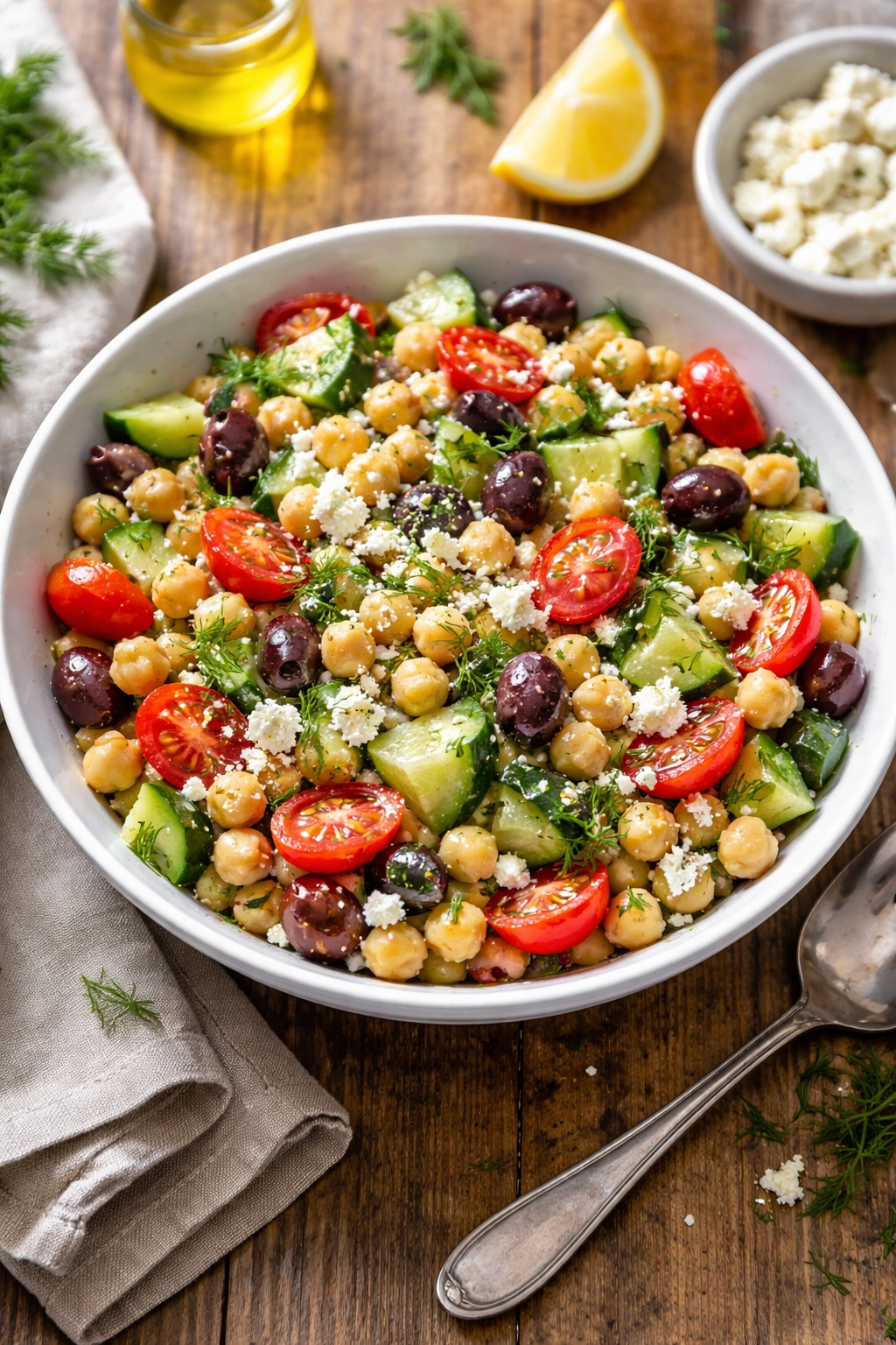 Close-up of Mediterranean Chickpea Salad with Feta and Dill featuring chickpeas cucumber olives feta and dill