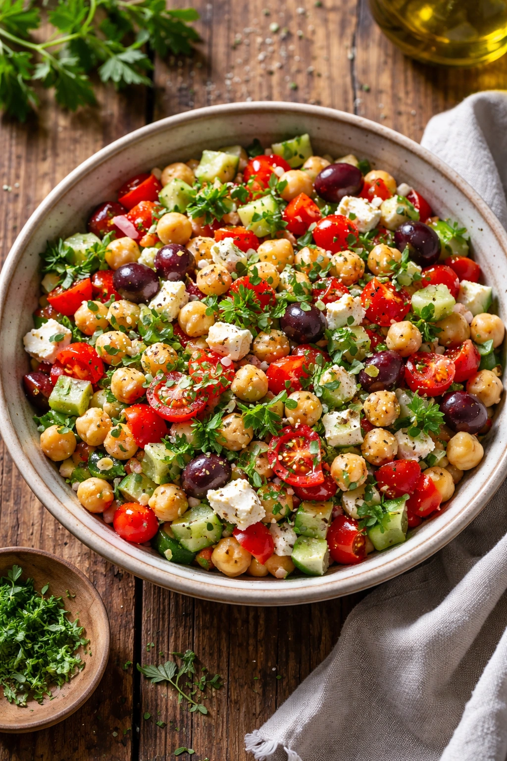 Close-up of Mediterranean chickpea salad with feta and herbs in a bowl