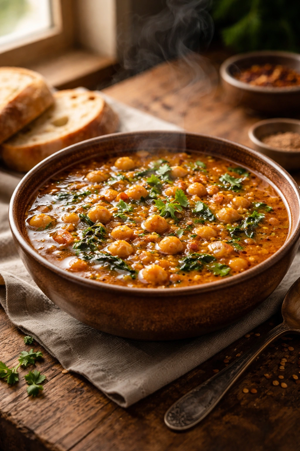Hearty spiced chickpea and lentil soup in a rustic bowl