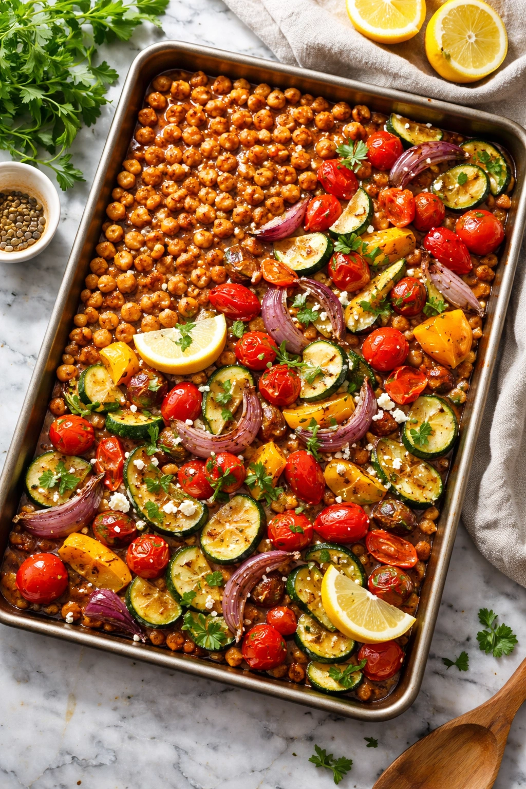Sheet pan with golden roasted chickpeas and colorful Mediterranean vegetables.