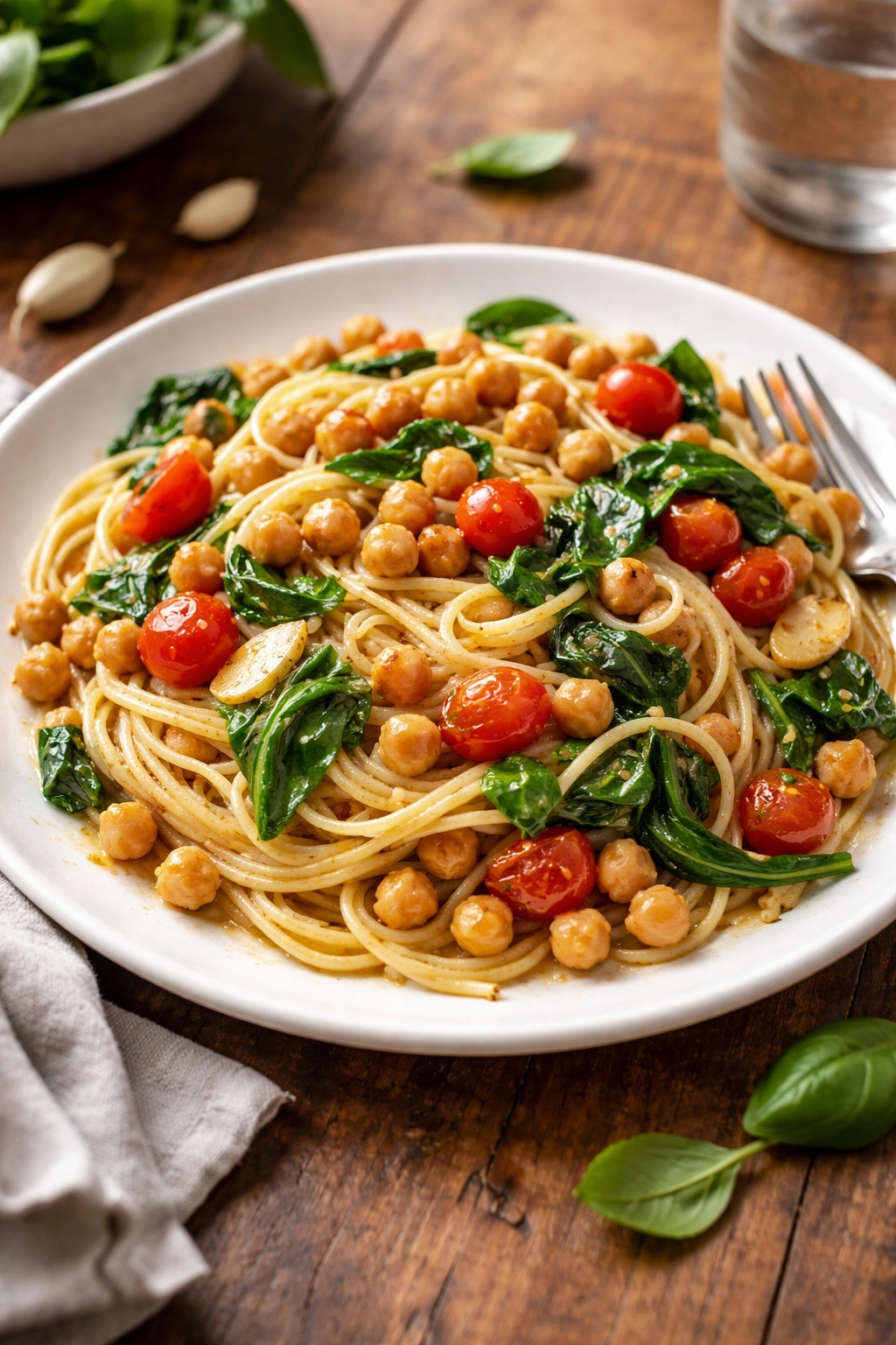 Plate of chickpea pasta with garlic, tomatoes, and spinach in olive oil