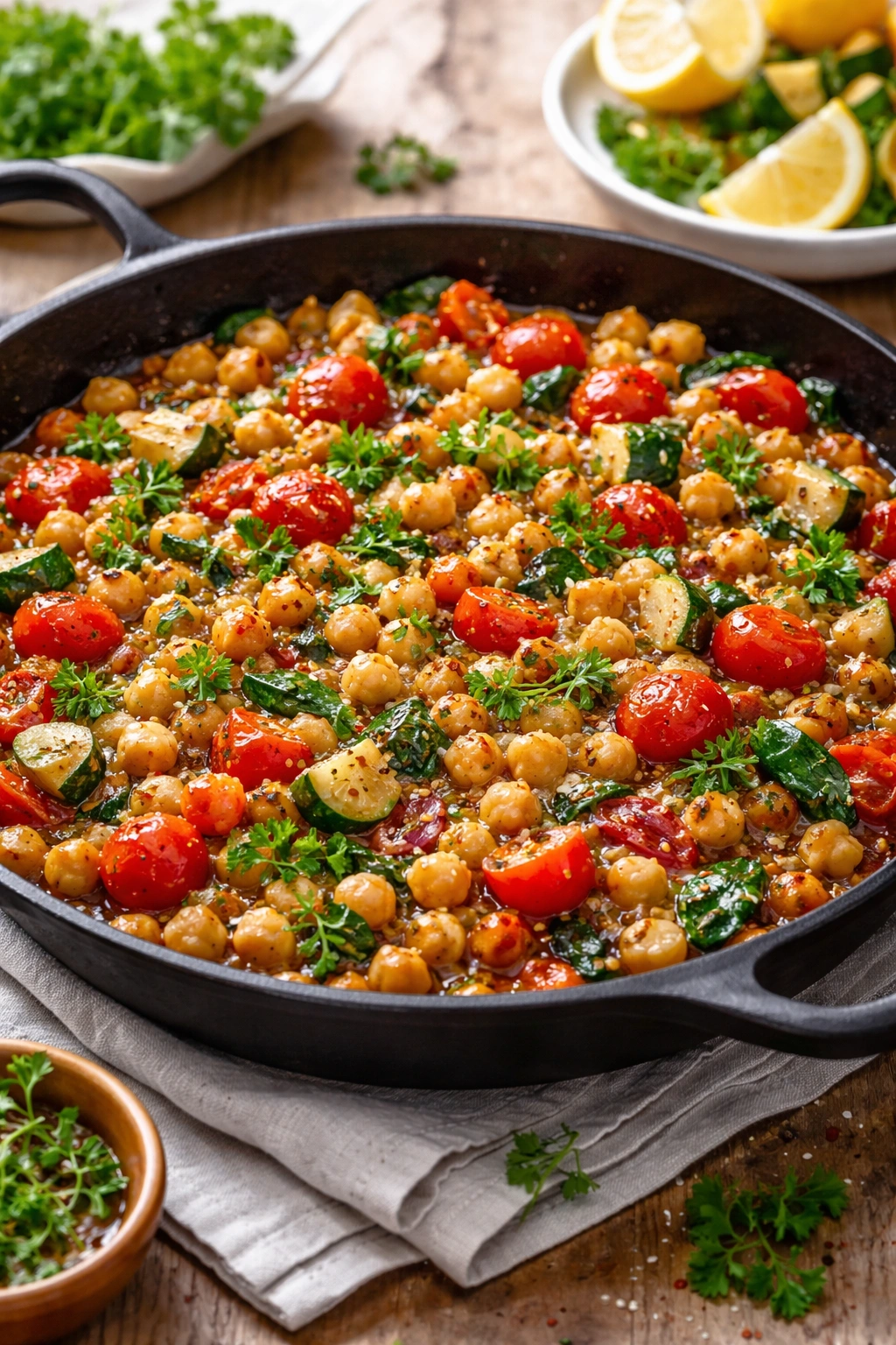 Skillet filled with chickpeas and colorful vegetables in olive oil