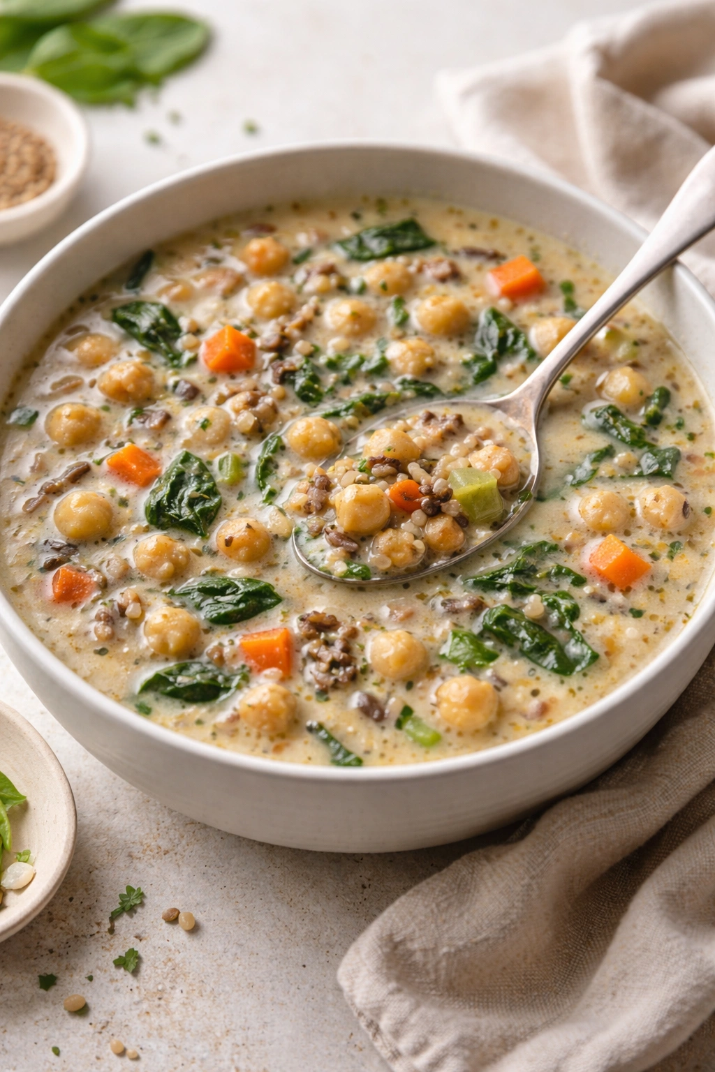 Creamy chickpea wild rice soup in a bowl with visible chickpeas and rice