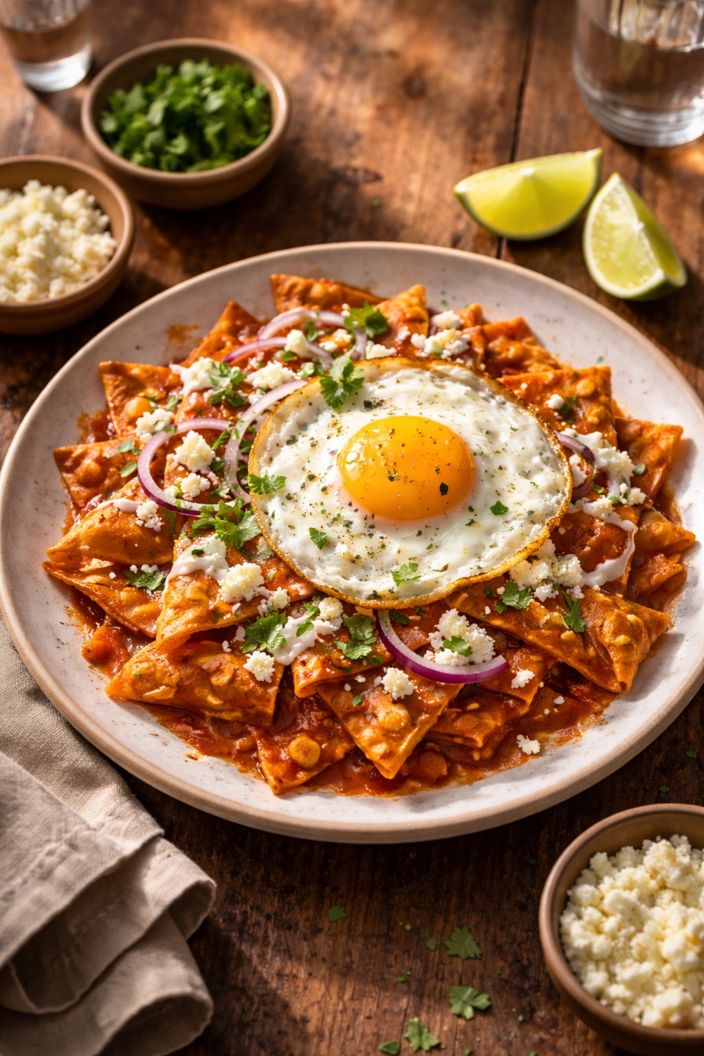 Close-up of chilaquiles con huevos plated with egg, crema, queso fresco, cilantro