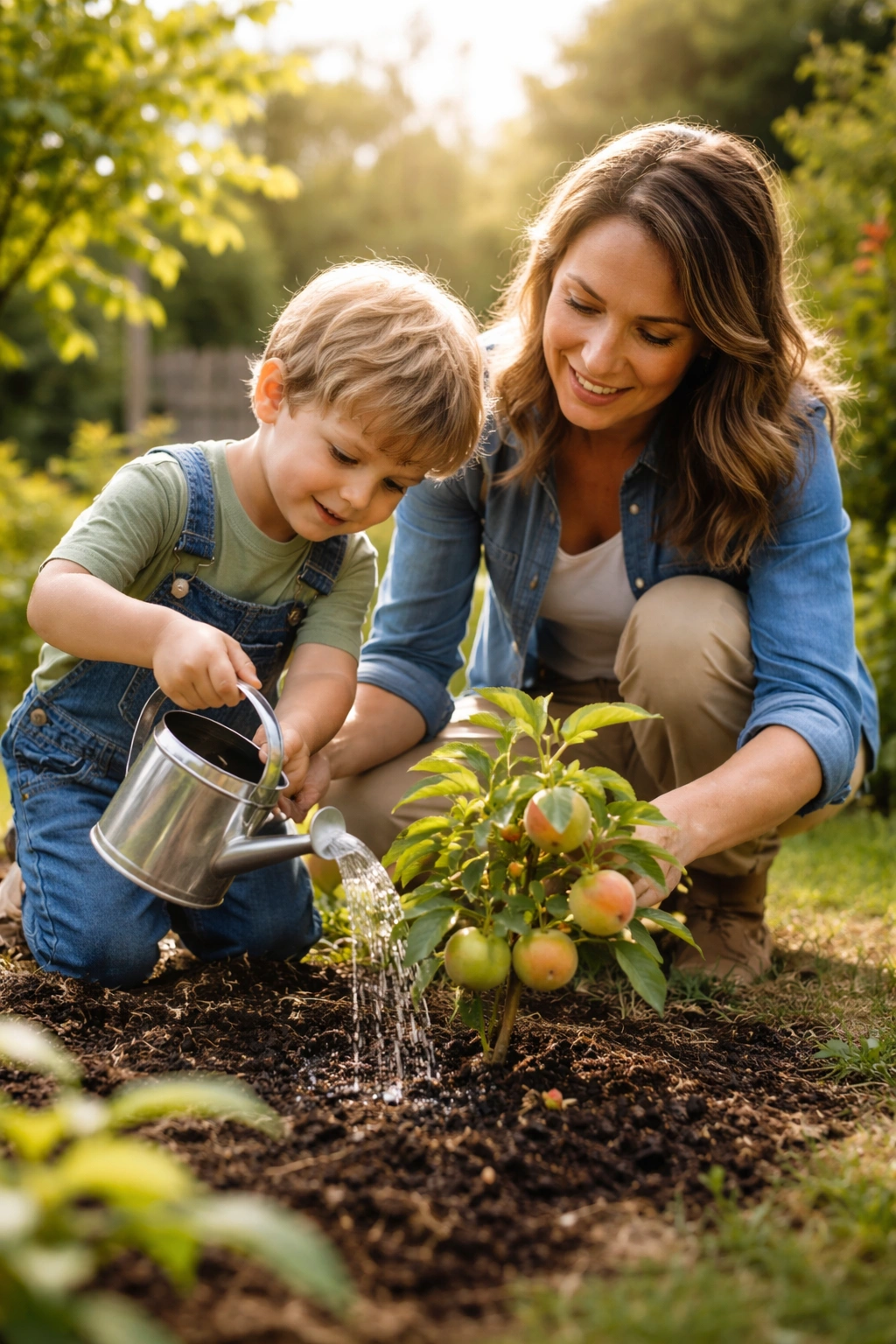 Child learning in fruit garden, watering a young plant with caregiver