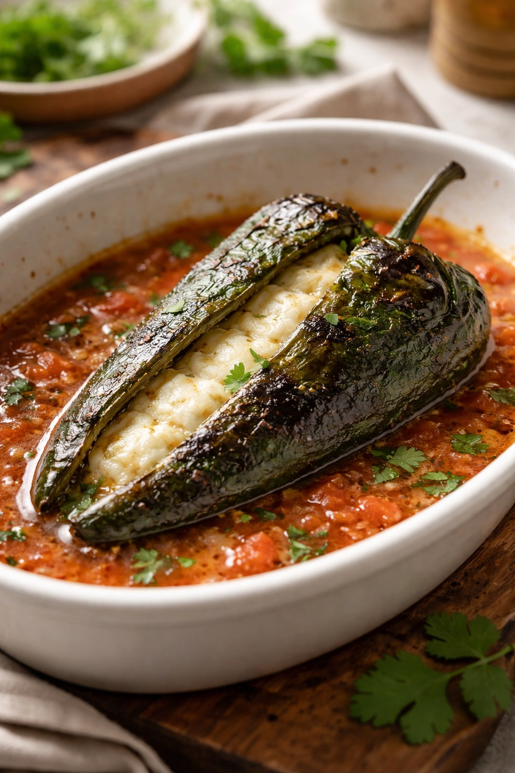 Roasted poblano pepper stuffed with cheese in a baking dish