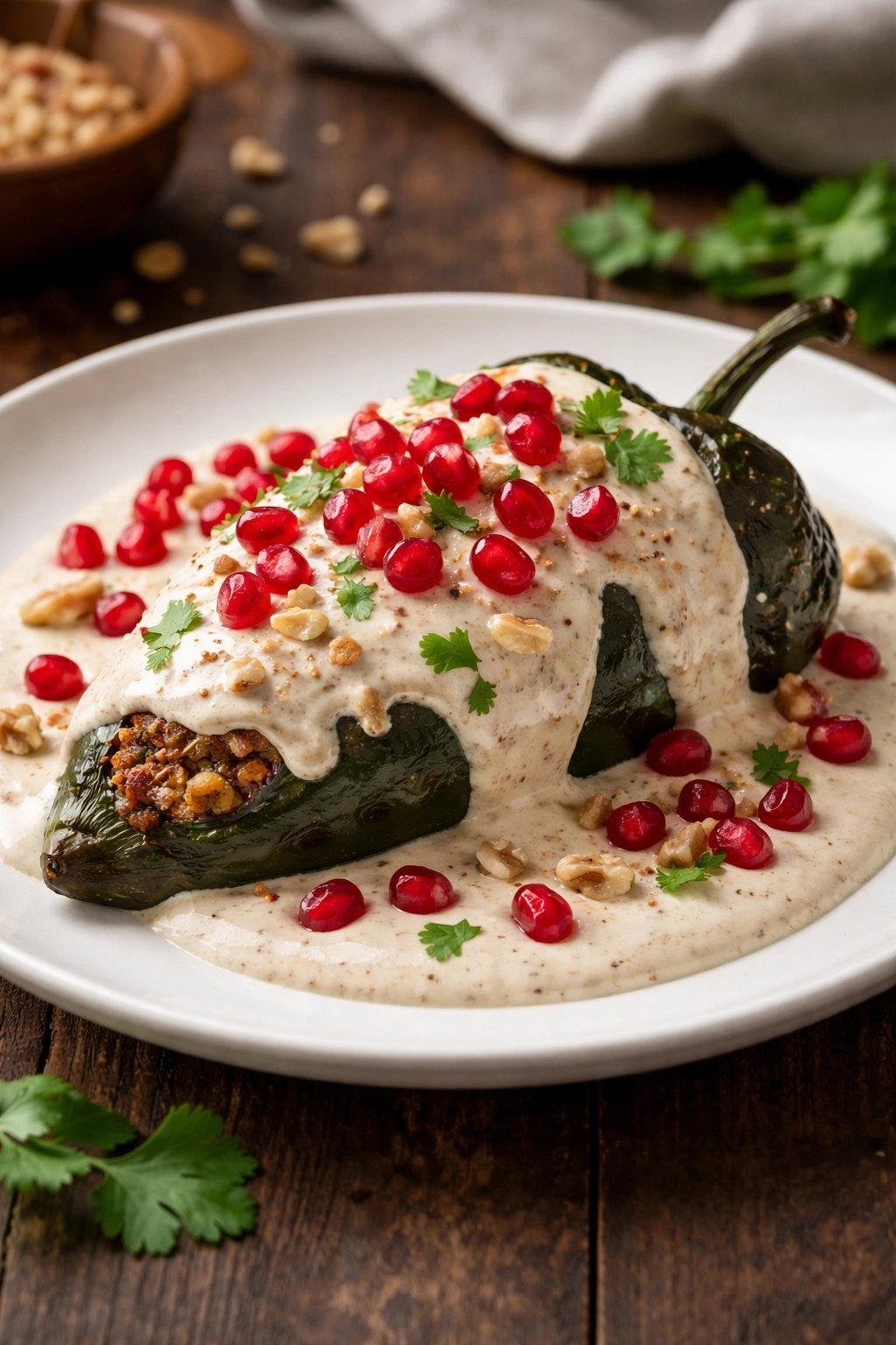 Chiles en Nogada with walnut sauce and pomegranate seeds on plate