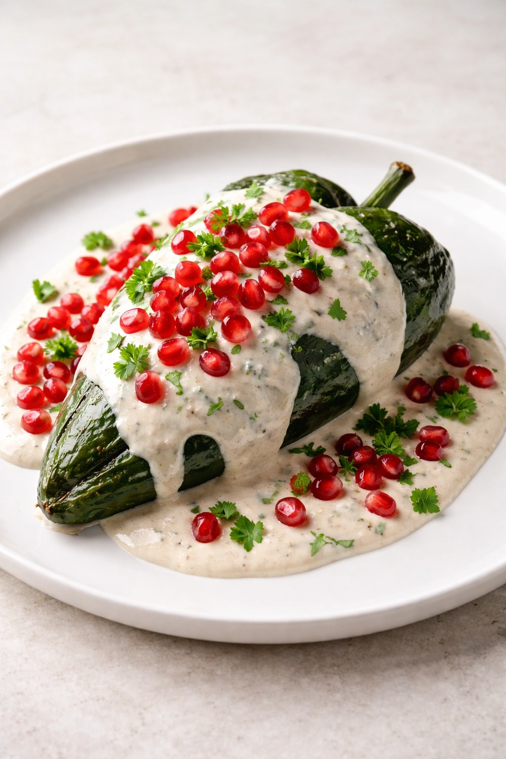 Poblano pepper with walnut sauce, pomegranate seeds, and parsley on a plate
