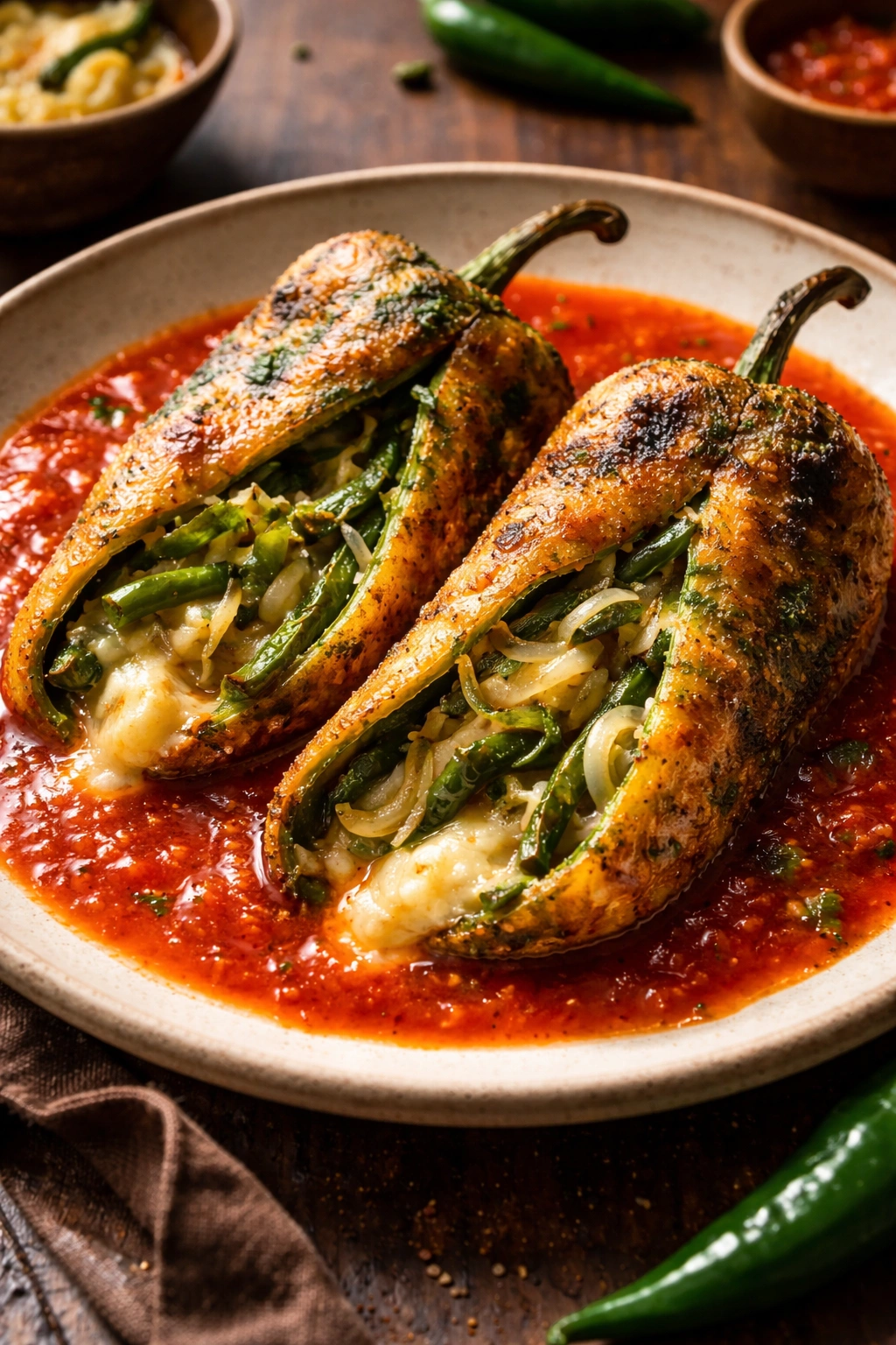 Close-up of blistered chiles rellenos on red tomato sauce, stuffed with cheese and rajas