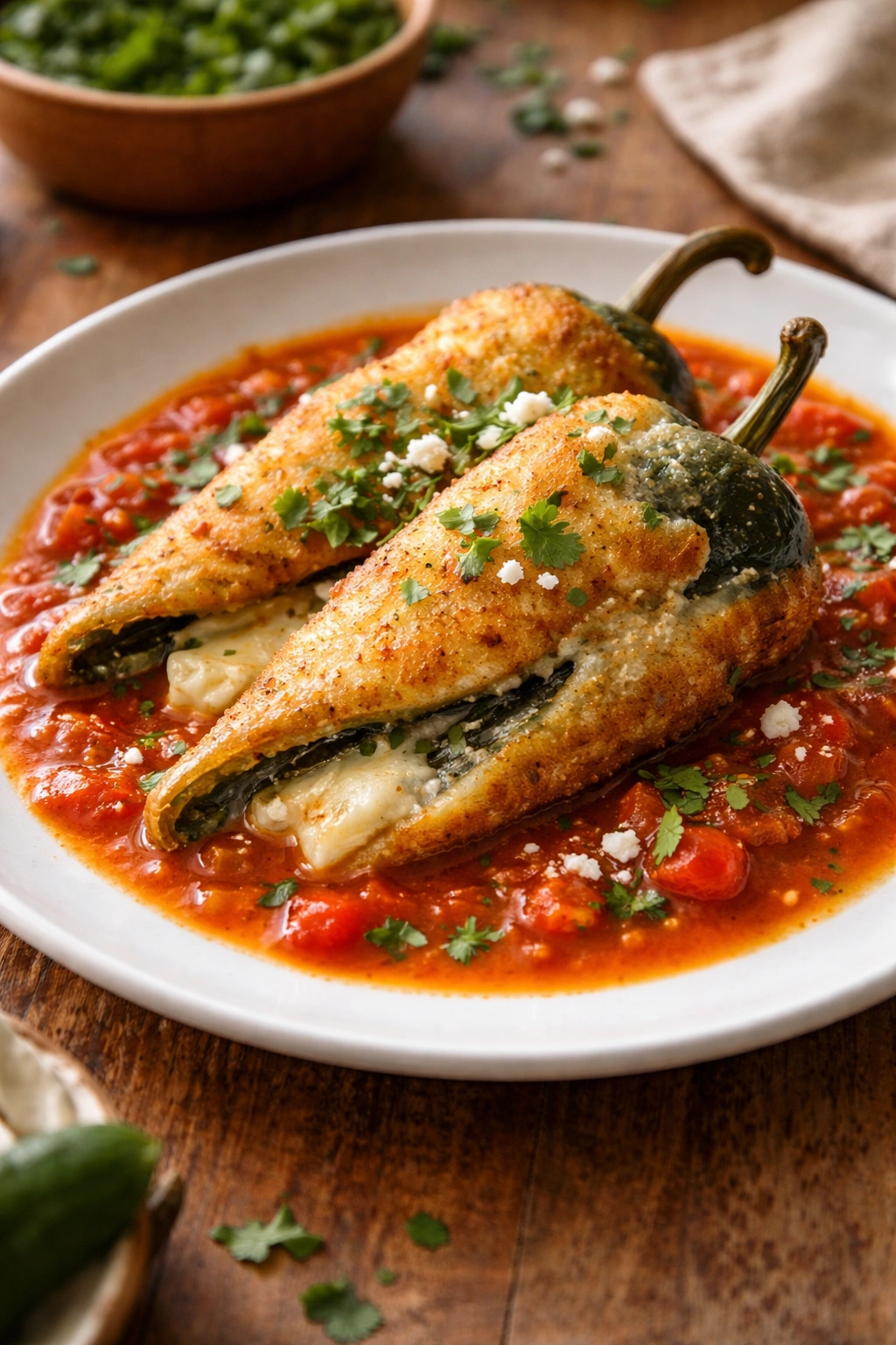 Chiles Rellenos on a plate with Ranchero sauce showing melted cheese inside