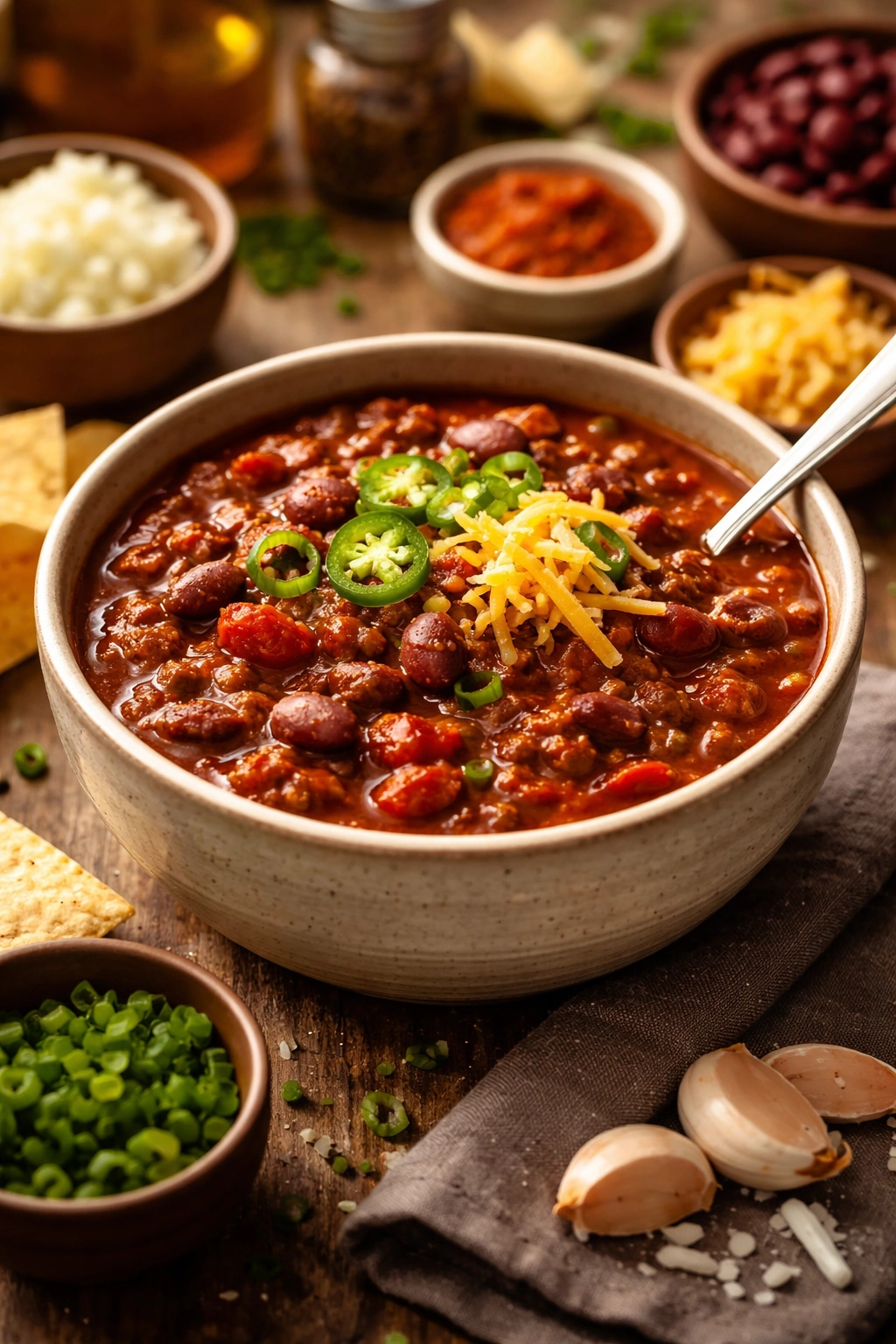 Close-up of thick steaming chili in a rustic bowl with chunky meat texture