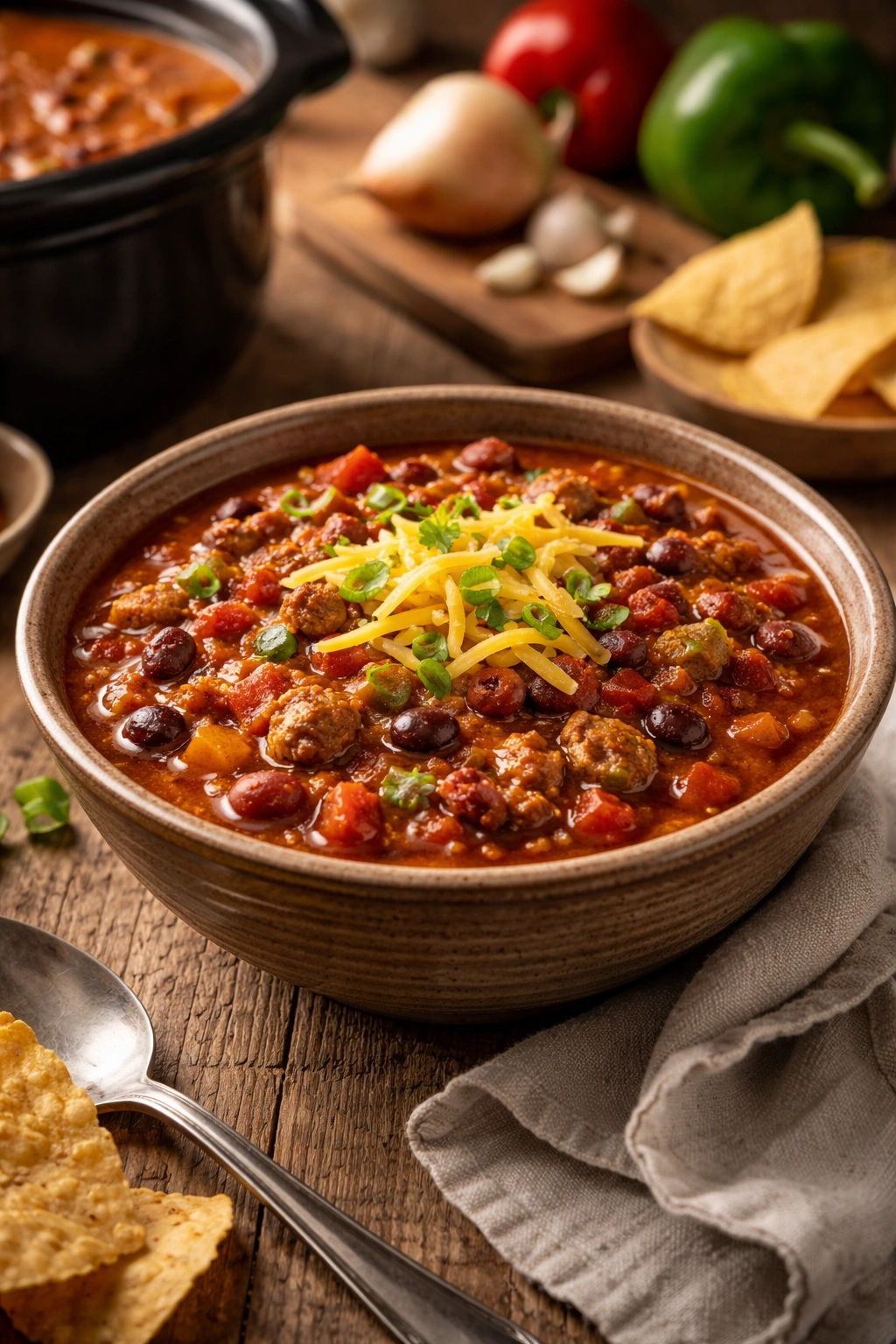 Hearty chili with beans in a rustic bowl