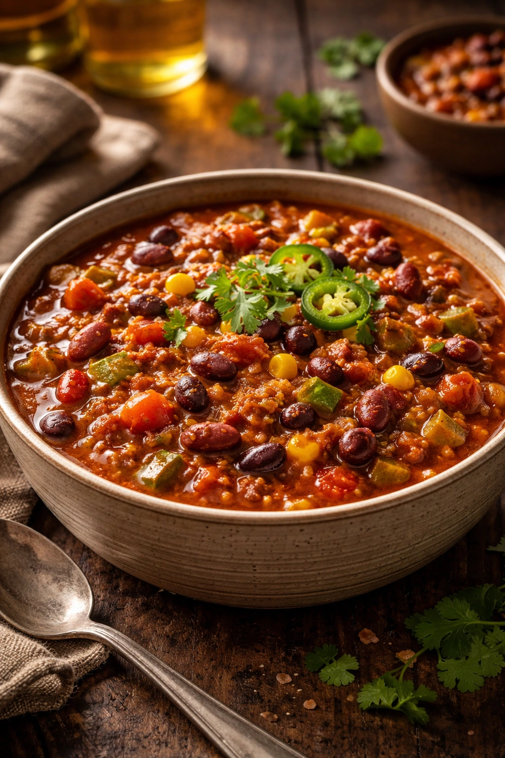 Bowl of slow cooker chili with beans and vegetables