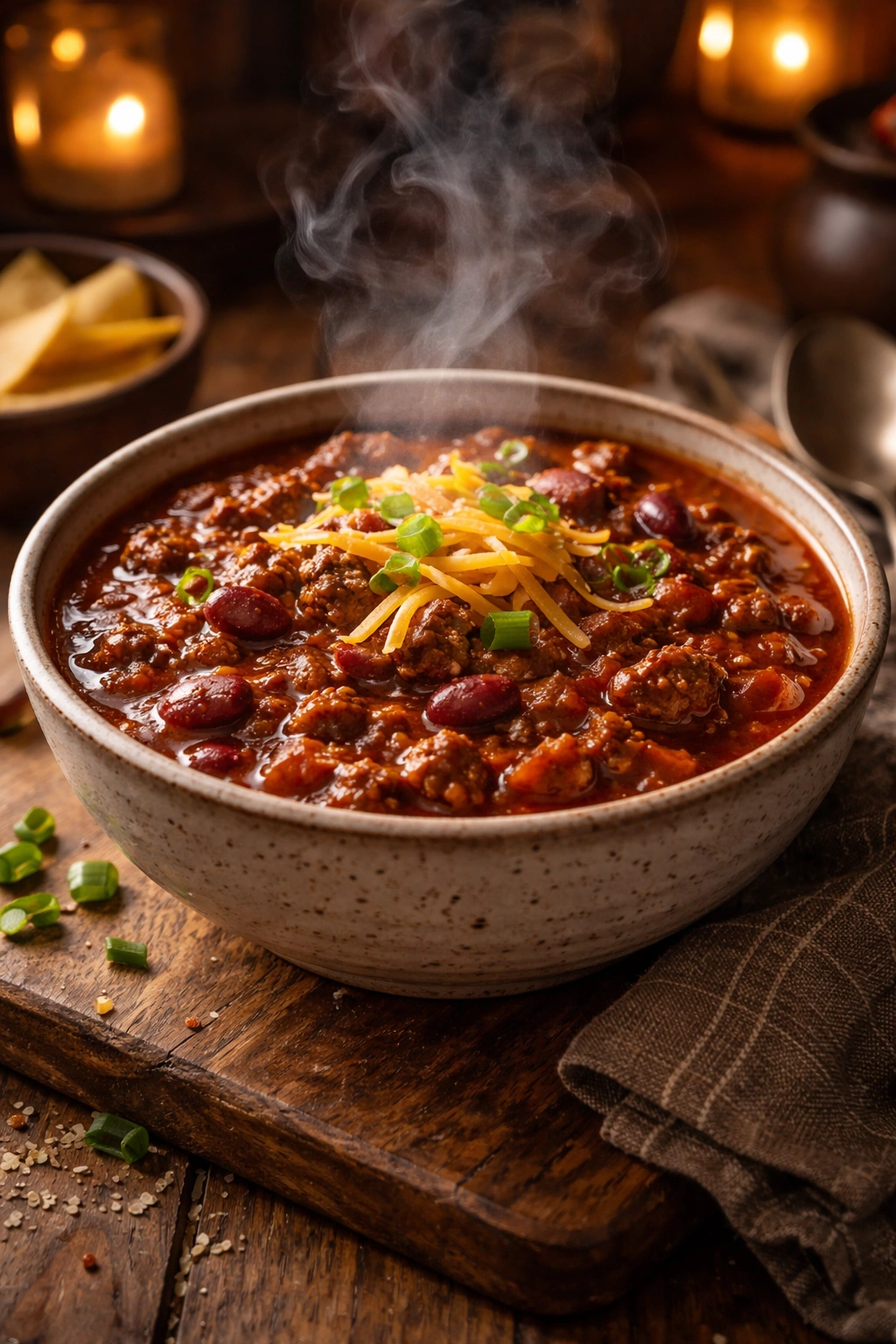 Steaming bowl of hearty chili with beef and beans in a rustic bowl.