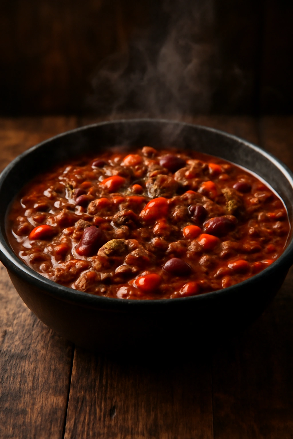 Thick chili con carne with beef and beans in a bowl