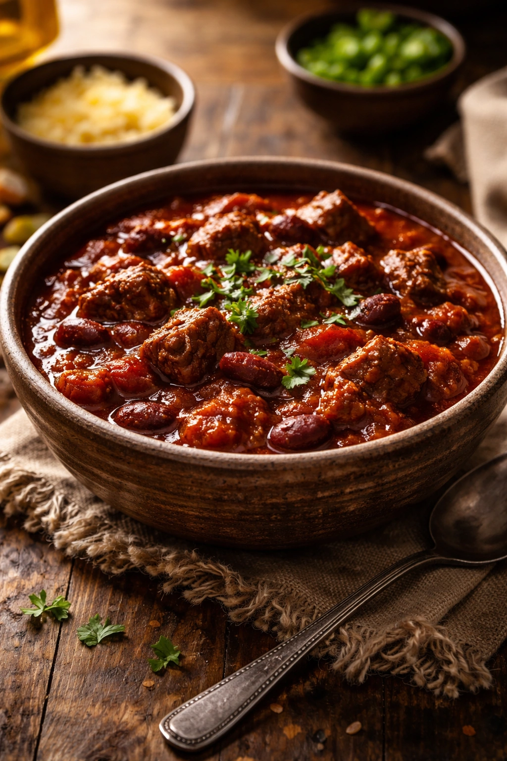 Close-up of a rustic bowl of chili con carne with beef chunks in a rich red sauce