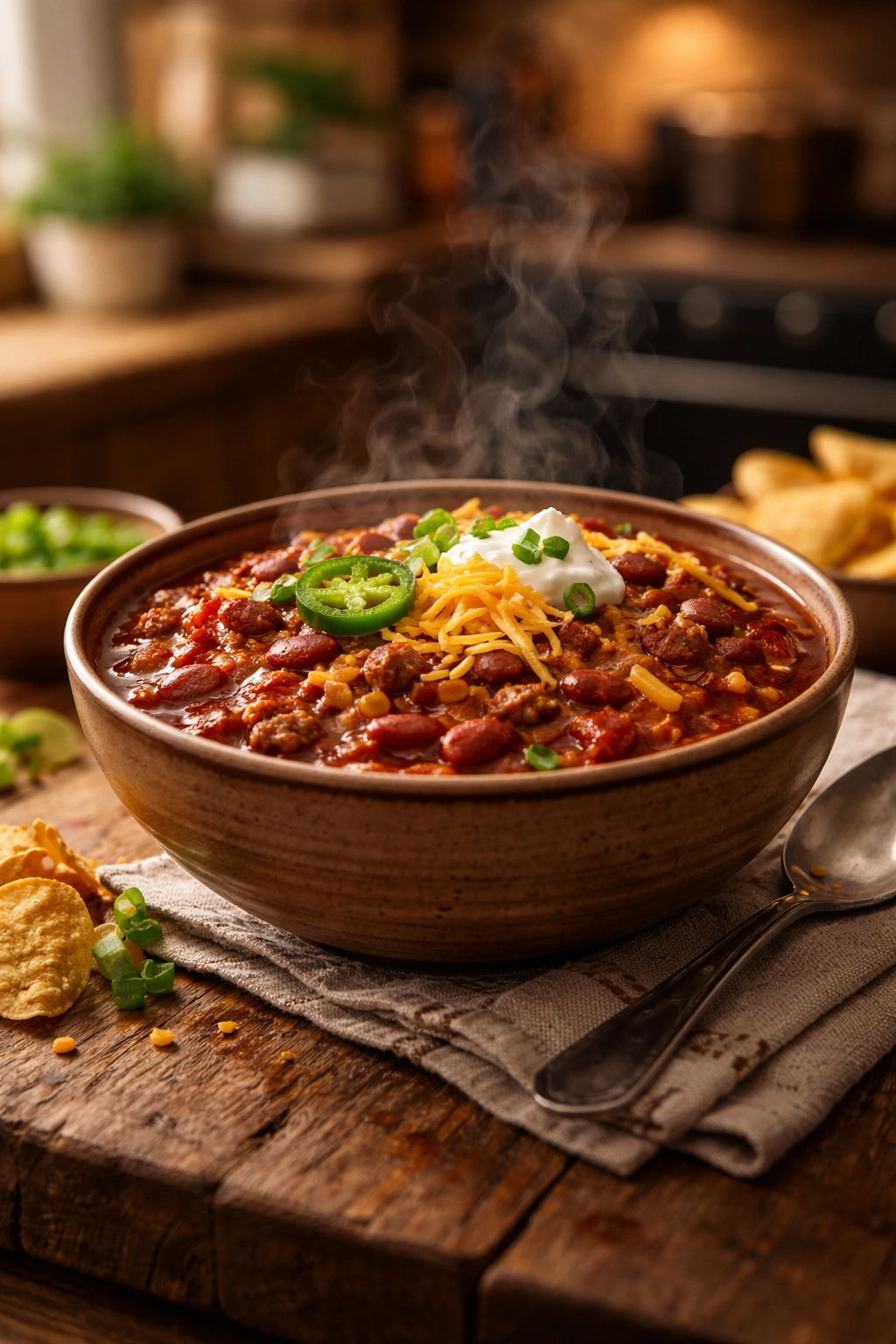 Steaming bowl of chili on a rustic table in a cozy kitchen
