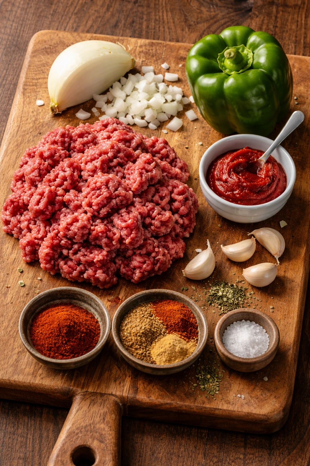 Top-down view of raw chili ingredients on a wooden board
