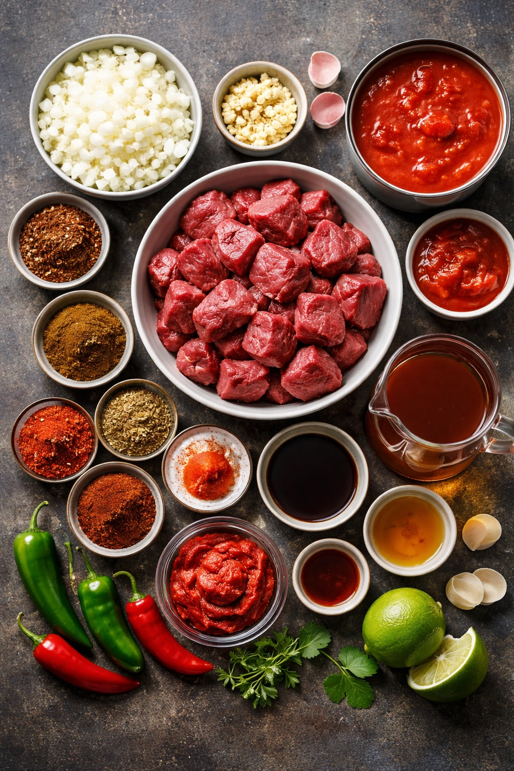 Top-down view of raw chili ingredients arranged on a dark surface
