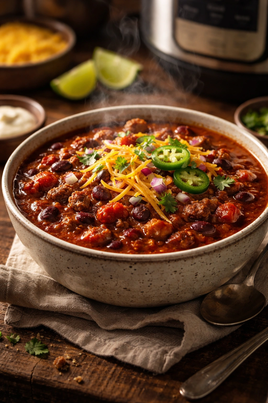 Steaming chili on a rustic wooden surface, featuring beef and beans