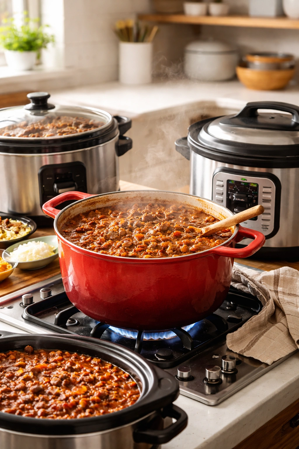 Chili in a pot on a stove with steam rising