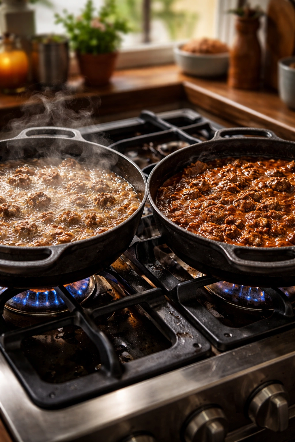 Two pans on a stove showing boil vs simmer to highlight common chili-making mistakes.