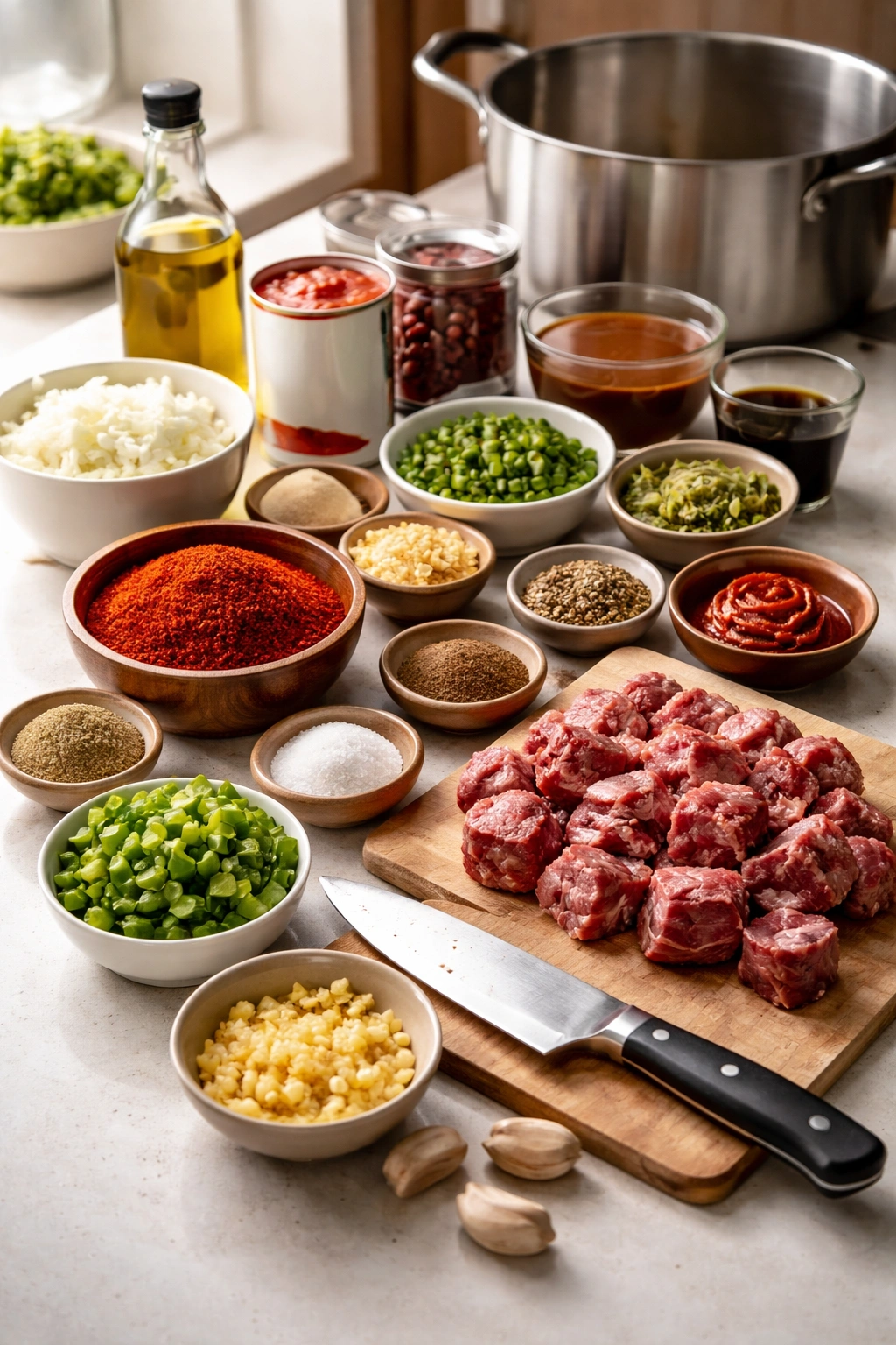 Minimal still life of chili prep tools and spices on a clean countertop