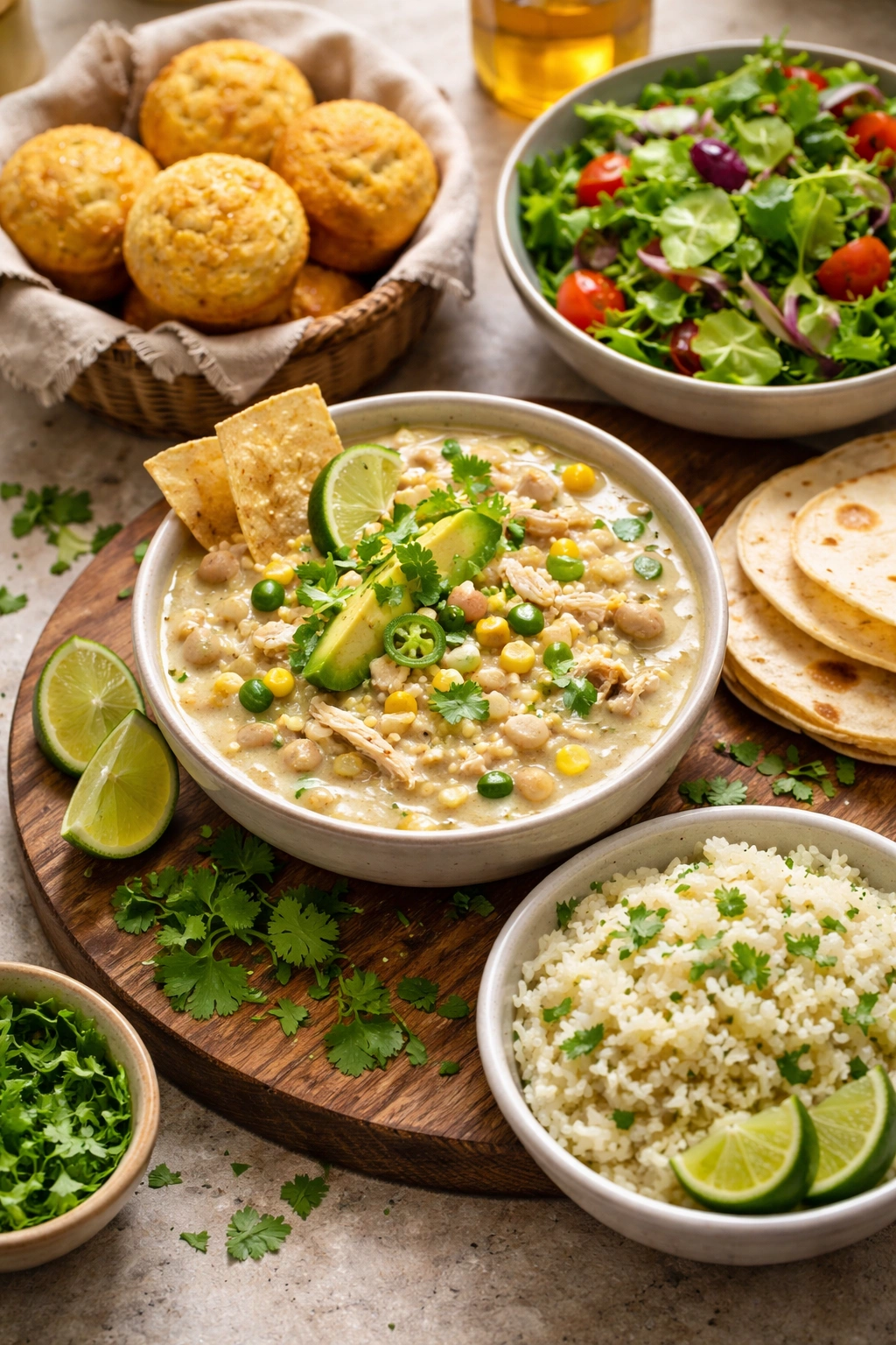 Chili with cornbread salad and cilantro lime rice arranged around