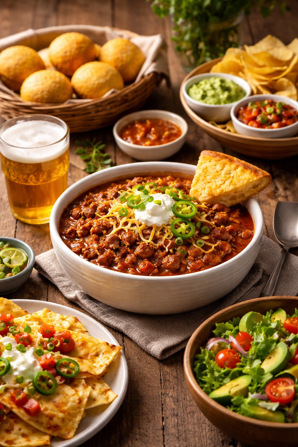 Bowl of chili with cornbread wedge on a rustic table