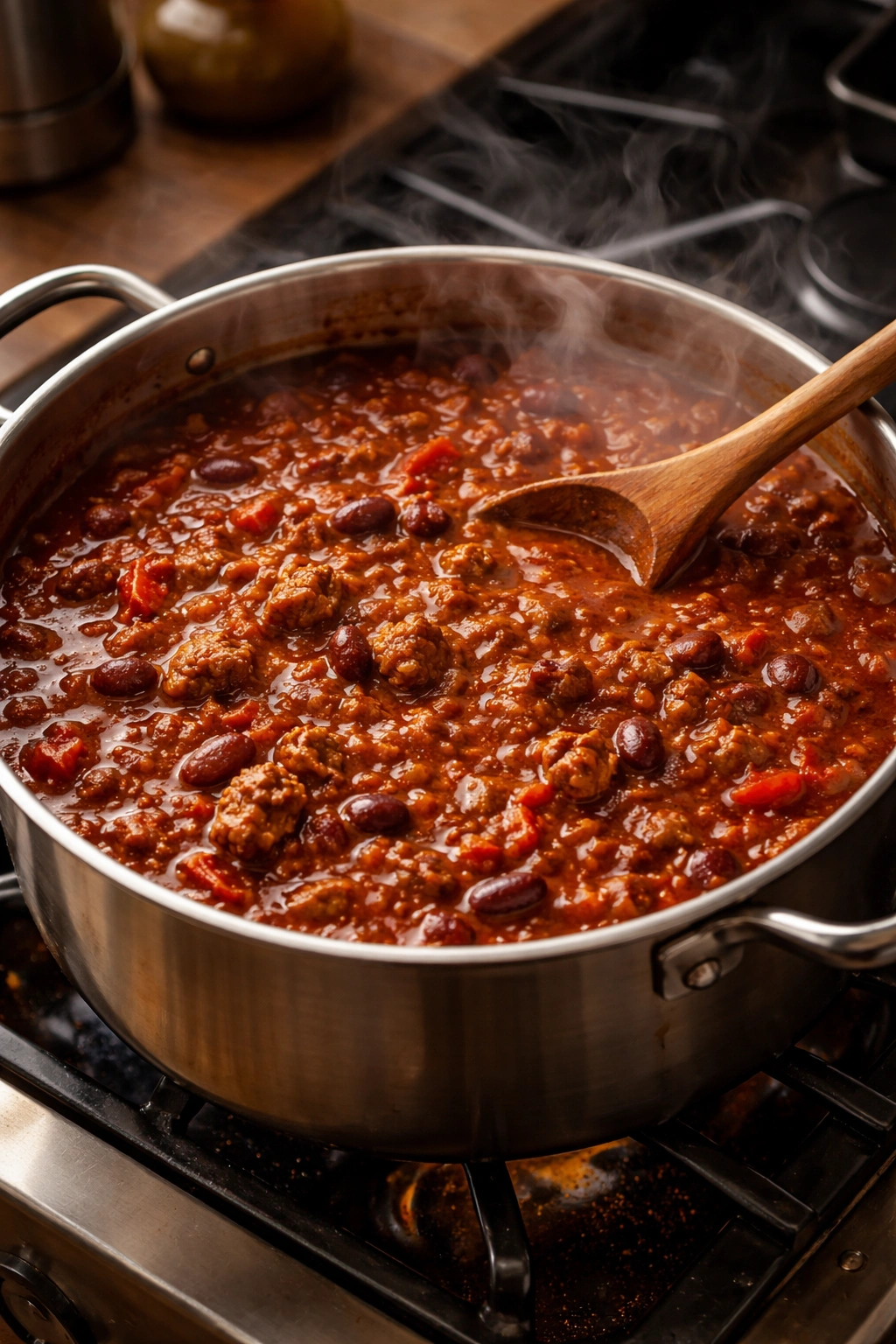 Chili simmering with a deep red-brown broth and bubbling surface.