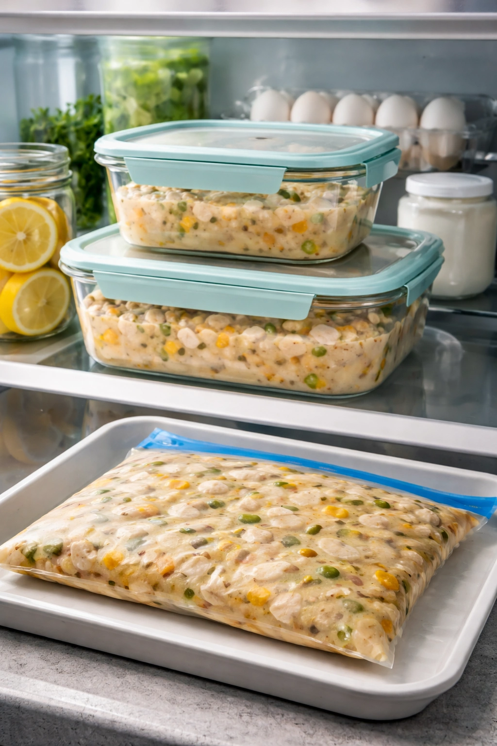 Chili stored in glass containers in fridge and a flat freezer bag
